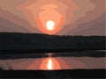 Vector Drawing of sunset over tree line and river with reflections Royalty Free Stock Photo