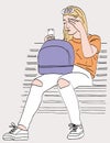 Vector drawing of teen girl sitting on park bench on summer day