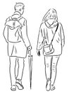 Vector drawing of teen girl walking down city street Royalty Free Stock Photo