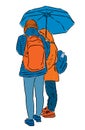 Vector drawing of teen students standing under umbrella and talking Royalty Free Stock Photo