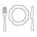 Vector drawing of thin line fork , octagonal plate and knife, flat line icon