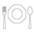 Vector drawing of thin line fork , octagonal plate and spoon, flat line icon