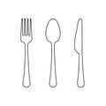 Vector drawing of a thin line of a fork, a spoon and a knife, a flat linear icon