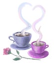 Vector drawing of two cups with hot coffee and rose flower