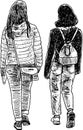 Vector drawing of two students girls walking outdoors