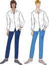 Vector drawing of two young slim men in white shirts