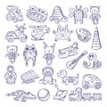 Vector drawing vintage collection of toys. Children games. Illustration isolate on white Royalty Free Stock Photo