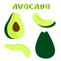 Vector drawing with a whole avocado, an avocado cut in half, slices of avocados and seeds