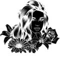 black silhouette of vector drawing woman profile with rose flowers, sketch of young girl, hand drawn illustration Royalty Free Stock Photo