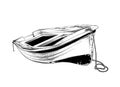 Vector drawing of wooden boat in black color, isolated on white background. Graphic illustration, hand drawing. Drawing