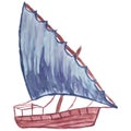 Vector drawing of a wooden boat with a blue sail, stylized as a watercolor