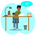 Vector drawing. Workspace concept. Boy student works with a tablet. The young man communicates in social networks