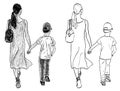 Vector drawing of yong woman and her child walking along street