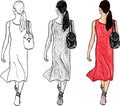 Vector drawing of young fashionable city woman walking along street on summer day Royalty Free Stock Photo