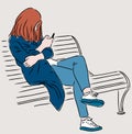 Vector drawing of young girl sitting on park bench with her smartphone