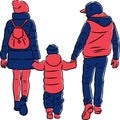 Vector drawing of young parents with their child walking on a stroll