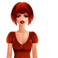 Vector drawing of young pretty lady with fashionable female short haircut. Vector illustration of a red-haired woman isolated on Royalty Free Stock Photo