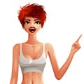 Vector drawing of young pretty lady with fashionable female short haircut. Vector illustration of red-haired woman pointing at so Royalty Free Stock Photo