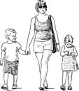 Sketch of a mother with her kids going for a walk