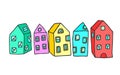 Vector drawings of five cute houses. City multistorey houses. Royalty Free Stock Photo