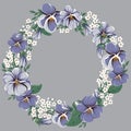 Round floral frame wreath with viola flowers