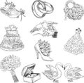 Vector drawings of set various traditional wedding symbols