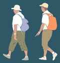 Vector drawings of two male tourists walking with backpacks on a summer vacation hike