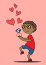 Vector drawn black boy with glasses carries a ring with a large diamond. There are many hearts nearby.