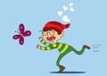Funny cartoon boy in glasses catches up with a butterfly and laughs. Vector illustration
