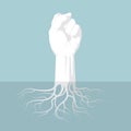 Vector drawn fist. the combination of fist and tree root, surreal design.