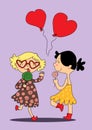 Vector drawn funny two girl girlfriends eat lollipops and launch balloons. Royalty Free Stock Photo