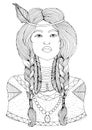 Vector drawn portrait Native American Indian woman in national headdress