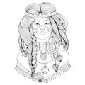 Vector drawn portrait Native American Indian woman in national headdress