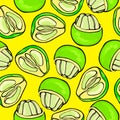 Vector drawn tropic fruits pattern, ripe exotic fruits background, cartoon vector fruits, citrus, pilled pomelo, half of