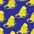 Vector drawn yellow backpack isolated on blue background. Seamless pattern for your design