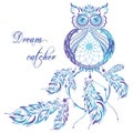 Vector dream catcher owl. Blue background.