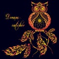 Vector dream catcher owl. Dark background. Royalty Free Stock Photo