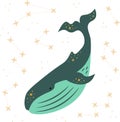 Vector dreamy illustration of a whale with stars and constellations.