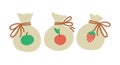 Vector dried fruit in rag sacks. Cute funny dessert illustration for card, poster, print design. Bright healthy food concept for