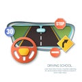 Vector driving school concept. Road, car steering wheel, traffic signs paper cut illustration. View out of window. Royalty Free Stock Photo