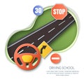 Vector driving school concept. Road, car steering wheel, traffic signs paper cut style isolated illustration.