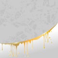 Vector drops and smudges of liquid gold, paint or honey in the square light grey textured background