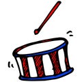 Vector drum in a color pattern with drumsticks. isolated musical equipment for drum music with a striped red and white pattern and