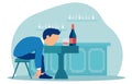 Vector of a drunk man sitting sleeping at the table with a bottle of wine inside the pub