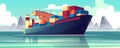 Vector dry-cargo ship at sea, loaded boat Royalty Free Stock Photo