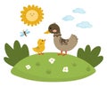 Vector duck with baby duckling on lawn under the sun. Cute cartoon family scene illustration for kids. Farm birds on nature