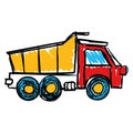 Vector dump truck icon, drawing in children`s style. isolated on a white background