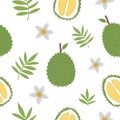 Vector durian seamless pattern. Jungle fruit repeat background. Hand drawn flat exotic texture. Bright childish healthy tropical