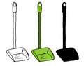 a dustpan. a set of green shovel for sweeping the floor in the style of a sketch on a long handle. isolated black