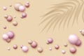 Vector dynamic background with colorful realistic 3d balls. Round sphere in pearls pastel colors with overlay palm